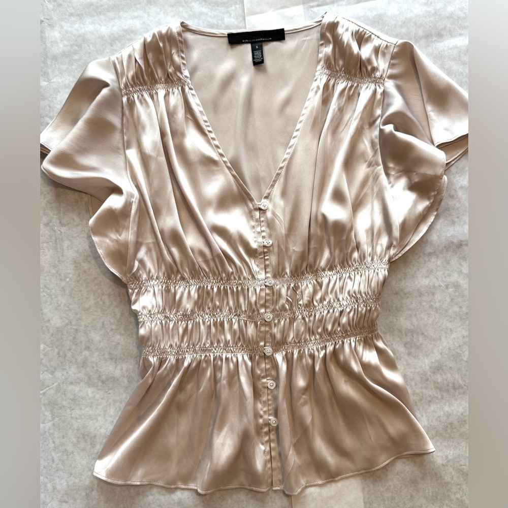 White House Black Market Champagne Satin Button-Front Blouse